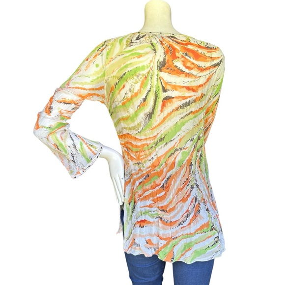 SHAN Green Cream & Orange 100% Silk Flare Sleeve Coverup Blouse Size US 12 - Picture 7 of 10